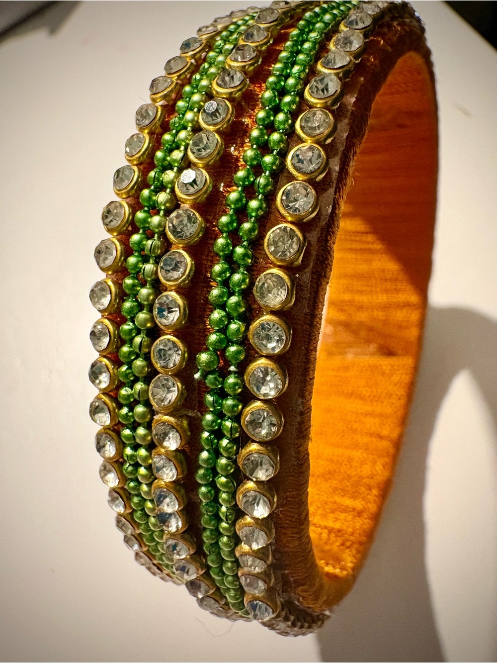 Handmade Indian Thread-wrapped Green and Orange Beaded Crystal Bangle